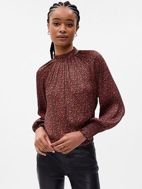 GAP Red Floral Smocked-Neck Long Sleeve Blouse